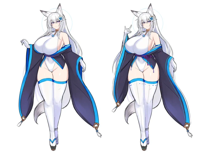 オリキャラきつねの衣装の情報量を増やしたいような別にシンプルなままでいいようなもにょもにょ考えているもの 袖とニーソに線増やしてるとこだけでいい気がしてきた 