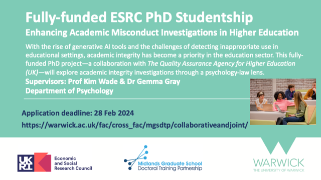 Prof <a href="/kimawade/">kimwade.bsky.social. Kim Wade</a> and Dr Gemma Gray, in partnership with the QAA, invite applications from top-notch psychology students for this fully-funded <a href="/mgsesrcdtp/">MGS ESRC DTP</a> PhD studentship. 
 warwick.ac.uk/fac/cross_fac/…