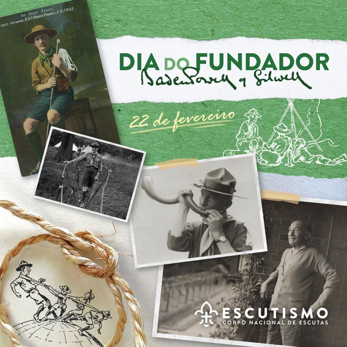A 22 de Fevereiro de 1857 nascia Baden-Powell, o fundador do Escutismo! 🎉

👉 Preparámos algumas imagens para usares como fundo de ecrã, temáticas deste dia. Faz download aqui: shorturl.at/kwEM7 #escutismo