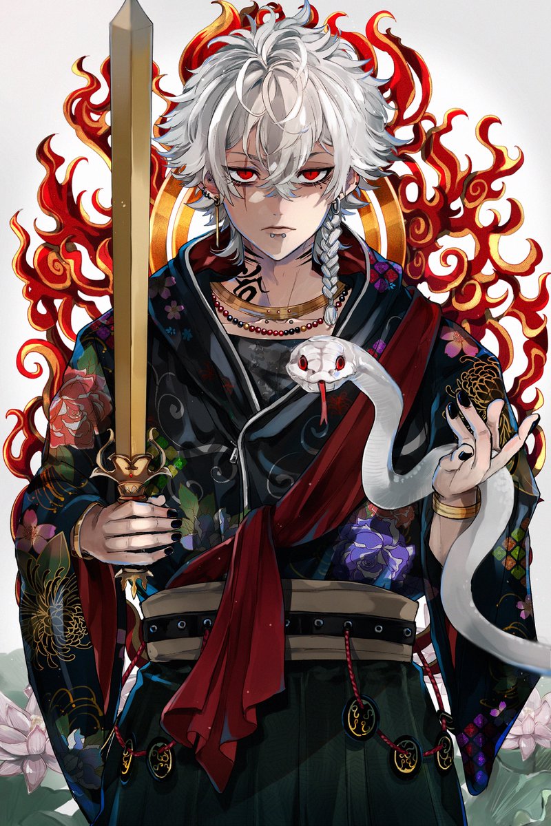 1boy red eyes male focus holding jewelry weapon white hair  illustration images