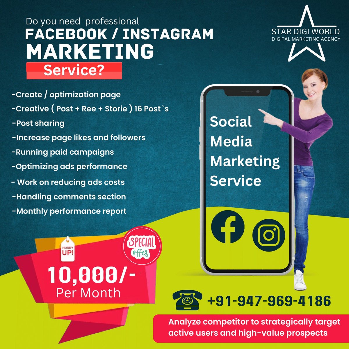 Grow your business online 🚀 with our social media marketing services!

We offer:

Starting at just Rs. 10,000/month! 😮

Let's connect: ☎️ +91-947-969-418