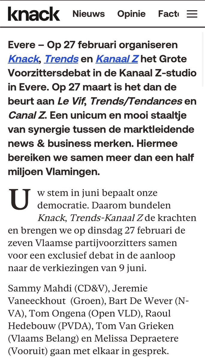 Uw positief alternatief <a href="/stemvooru/">Voor U</a> niet uitgenodigd op “politiek debat” <a href="/Knack/">Knack</a> @TrendsKanaalZ 😳
Neem t op voor #democratie!
Kijk naar Nederland en zet dit recht aub <a href="/bertbultinck/">Bert Bultinck</a> <a href="/JDeMeulemeester/">Jan De Meulemeester</a> 
Of blijven media klassieke partijen voortrekken waar mensen steen en been over