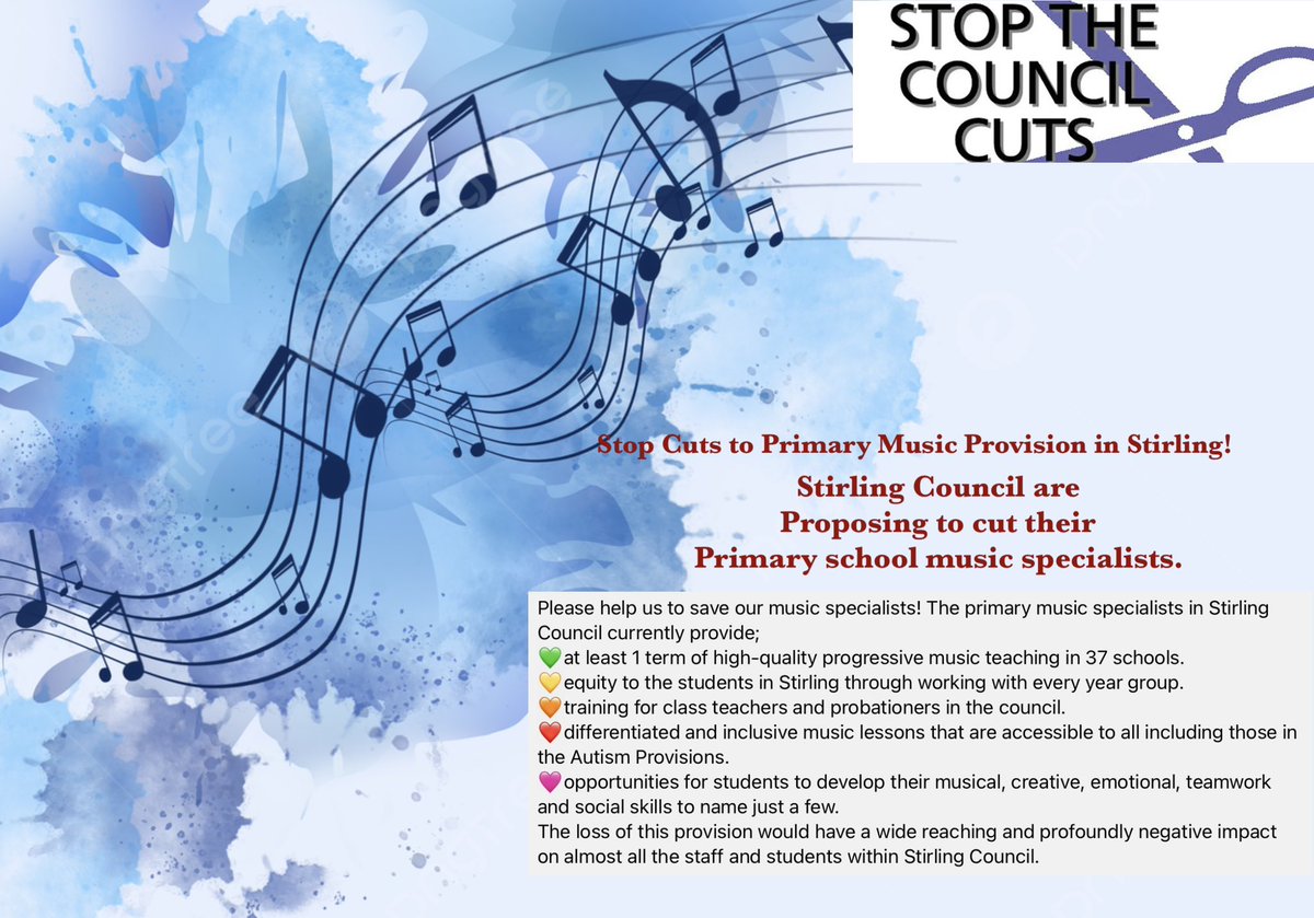 #StopTheCuts to Stirling Council’s #Primary #Music Provision!! 

As we know music transcends cultures bringing people together in moments of shared joy and unending connection. It boosts our mood and refreshes our souls. 

Email: educ-comments@stirling.gov.