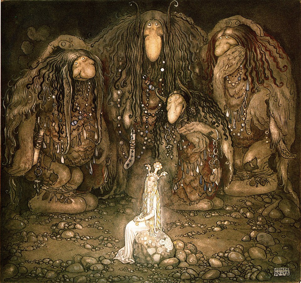 'Look at them,' troll mother said. 'Look at my sons! You won't find more beautiful trolls on this side of the moon.'
🎨John Bauer, illustration of Walter Stenström's 'The Boy and the Trolls or The Adventure' in childrens' anthology 'Among Pixies and Trolls', 1915.