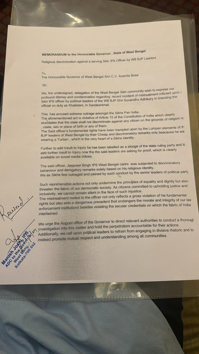 AITCofficial's tweet photo. .@SuvenduWB's UNCONSTITUTIONAL act of labeling an on-duty Sikh IPS officer as #Khalistani has sparked massive outrage.

Representatives of the Sikh community highlighted this issue in the memorandum presented to the Governor at Raj Bhavan today.

They urged the constitutional head of the state to promptly intervene in the matter and ensure justice for the disgraced IPS officer and the entire Sikh community through an unbiased investigation!