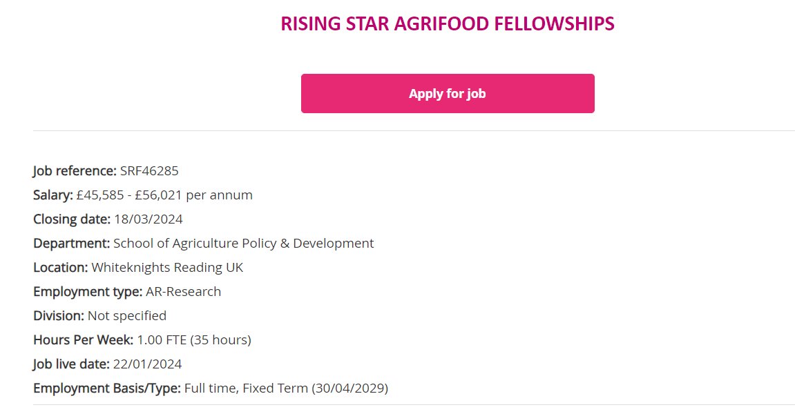 Apply Now! AgriFood Rising Star Fellowships @ @UniofReading Themes: • Climate change & food systems • Innovative food processing - protein and oil crops Deadline: 18 March 2024 Link: jobs.reading.ac.uk/Job/JobDetail?…