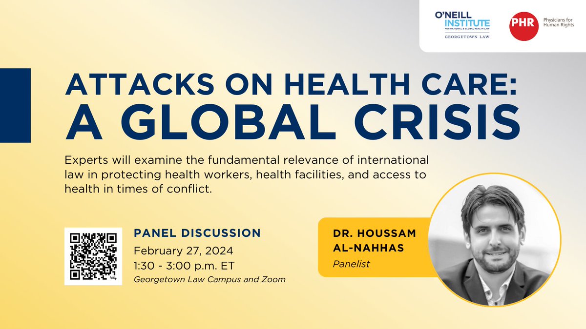 Before @P4HR, Dr. Houssam al-Nahhas played a crucial role in Syria’s health care crisis, enduring firsthand attacks on health care. Join us to hear his perspective on how international law can ensure accountability in conflicts and beyond. RSVP: bit.ly/3up33Kf