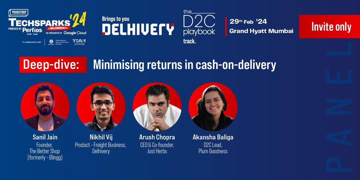 YourStoryCo's tweet photo. Struggling with COD returns in your D2C business?

Join us at #TechSparks Mumbai for a powerhouse panel discussion on 'Deep-dive: Minimising returns in cash-on-delivery' as part of The D2C Playbook track and turn the tide on RTOs and NDRs!

Meet our expert panelists:

💎 Sanil Jain (@JainSan87), Founder at @TheBetterShop (formerly - Blingg)
🚚Nikhil Vij, Product - Freight Business, Delhivery
🌿Arush Chopra (@chopra_arush), CEO & Co-founder, @JustHerbsIndia
🍑Akansha Baliga, D2C Lead, Plum Goodness (@plumspeak)

Get ready to unlock the secrets to reducing returns and boosting your bottom line! Whether you're a seasoned pro or just starting out in the e-commerce game, this discussion is packed with insights you won't want to miss!

Register Now: https://t.co/ht0cAUSGP1

#TechSparksMumbai #D2CPlaybook #Delhivery #COD #RTO #NDR #D2C #ecommerce

[In partnership with @delhivery]