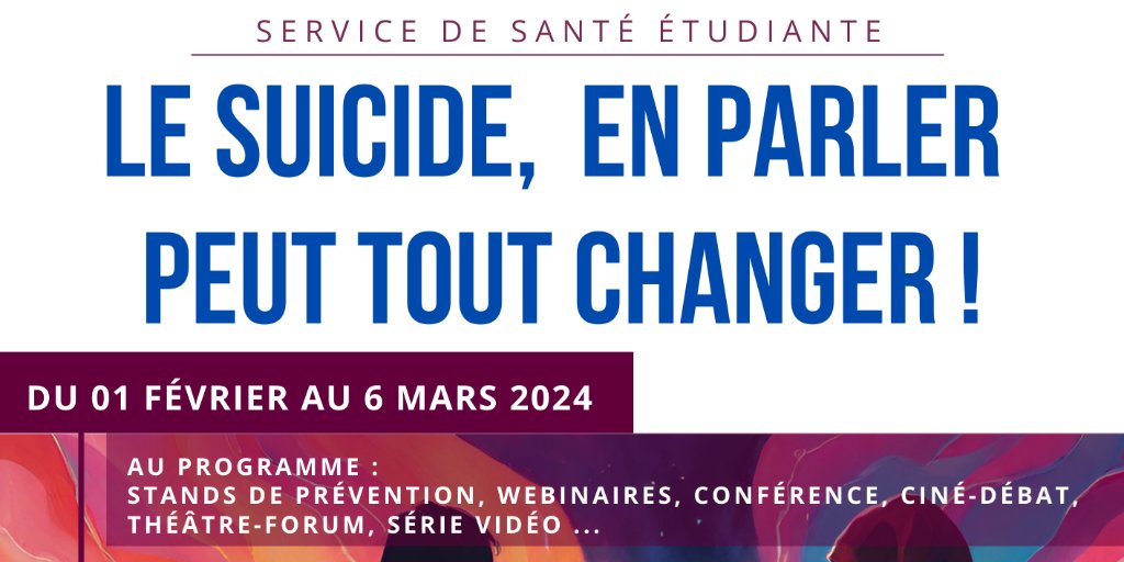 Céapsy Île-de-France (@ceapsy_idf) on Twitter photo 🧠📢<a href="/UnivParisSaclay/">Université Paris-Saclay</a> organise une campagne de #prévention du #suicide sur tout le mois de février : webinaires, conférences, série vidéo, stands, etc.
📆Jusqu'au 6 mars
▶️ow.ly/eW8y50QxNaQ
<a href="/Filsantejeunes/">Fil santé Jeunes</a> <a href="/PapagenoSuicide/">Papageno Programme 🎗️</a> <a href="/DitesJeSuisLa/">Dites Je Suis Là</a> <a href="/StopSuicide75/">stop suicide</a> <a href="/asso_astree/">association Astrée</a> 🧠📢<a href="/UnivParisSaclay/">Université Paris-Saclay</a> organise une campagne de #prévention du #suicide sur tout le mois de février : webinaires, conférences, série vidéo, stands, etc.
📆Jusqu'au 6 mars
▶️ow.ly/eW8y50QxNaQ
<a href="/Filsantejeunes/">Fil santé Jeunes</a> <a href="/PapagenoSuicide/">Papageno Programme 🎗️</a> <a href="/DitesJeSuisLa/">Dites Je Suis Là</a> <a href="/StopSuicide75/">stop suicide</a> <a href="/asso_astree/">association Astrée</a>