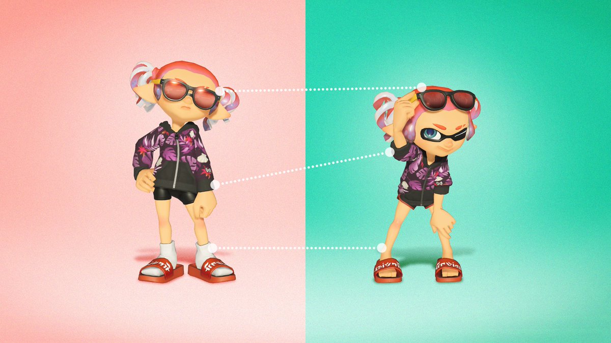 SplatoonJP's tweet photo. 「着こなし」ができるギアの種類が増えたぞ！
メガネをおでこに乗せたり、袖をまくったり、靴下を脱いだりと、様々なおしゃれが楽しめるようになったようだ。
カスタマイズやショップで「着こなし」を試せるので、新しいシーズンに合わせたスタイルを見つけてみよう。 https://t.co/fBJKH3btQU