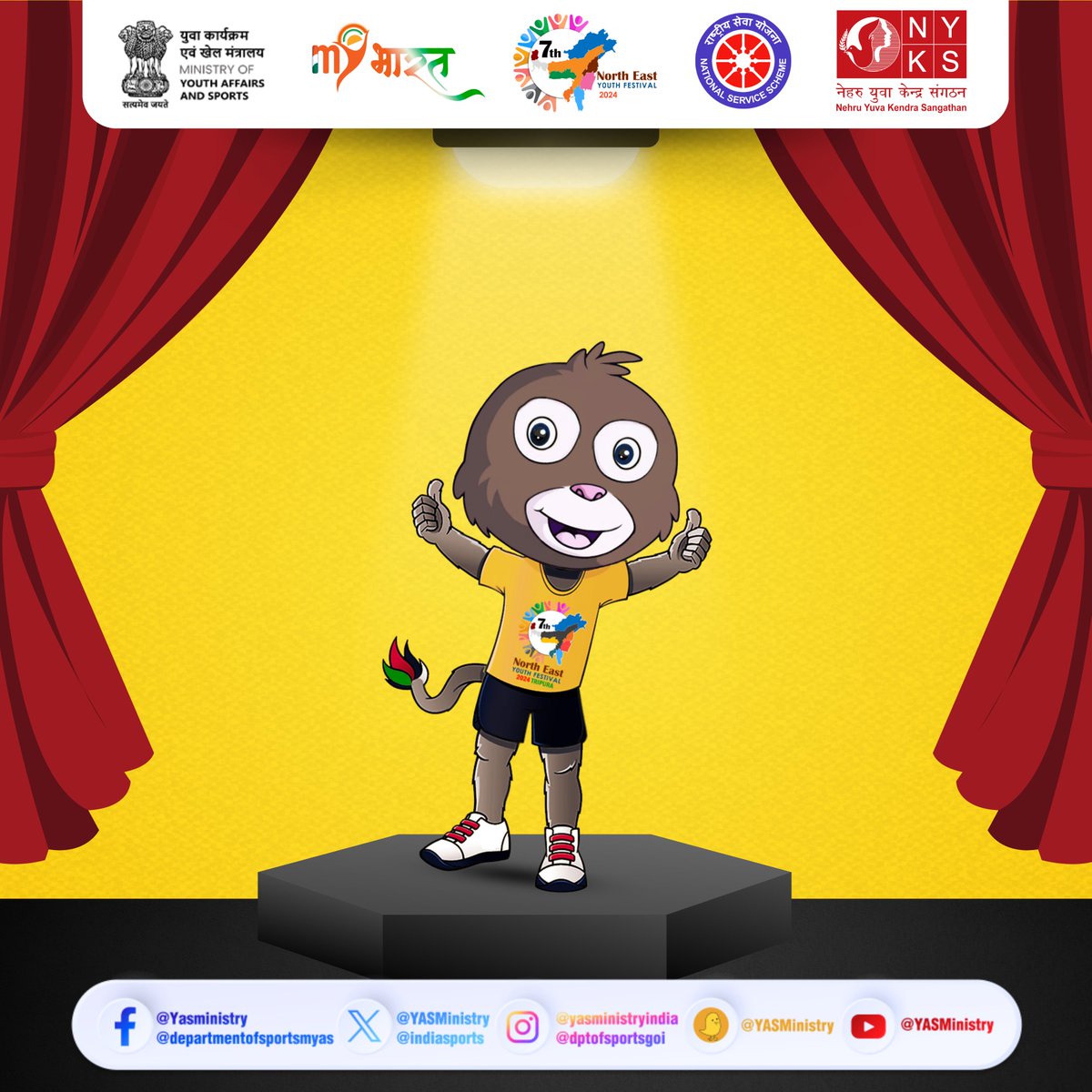 Introducing the enchanting Phayre's leaf monkey, our mascot for the #NorthEastYouthFestival2024! Endangered yet enduring, it thrives in Tripura, charming us with its unique 'spectacle' look. 🤓🤩 #NEYF2024