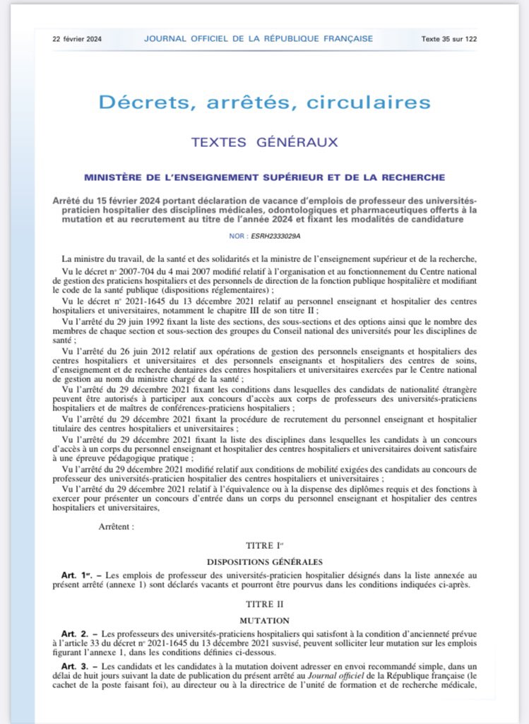 Parution ce jour des postes de professeurs et maîtres de conférence des universités - praticiens hospitaliers ouverts au recrutement en 2024. 
Parmi eux une soixantaine de créations et une vingtaine de transformations d’emplois MCUPH vers PUPH. Un effort exceptionnel de l’Etat 👏