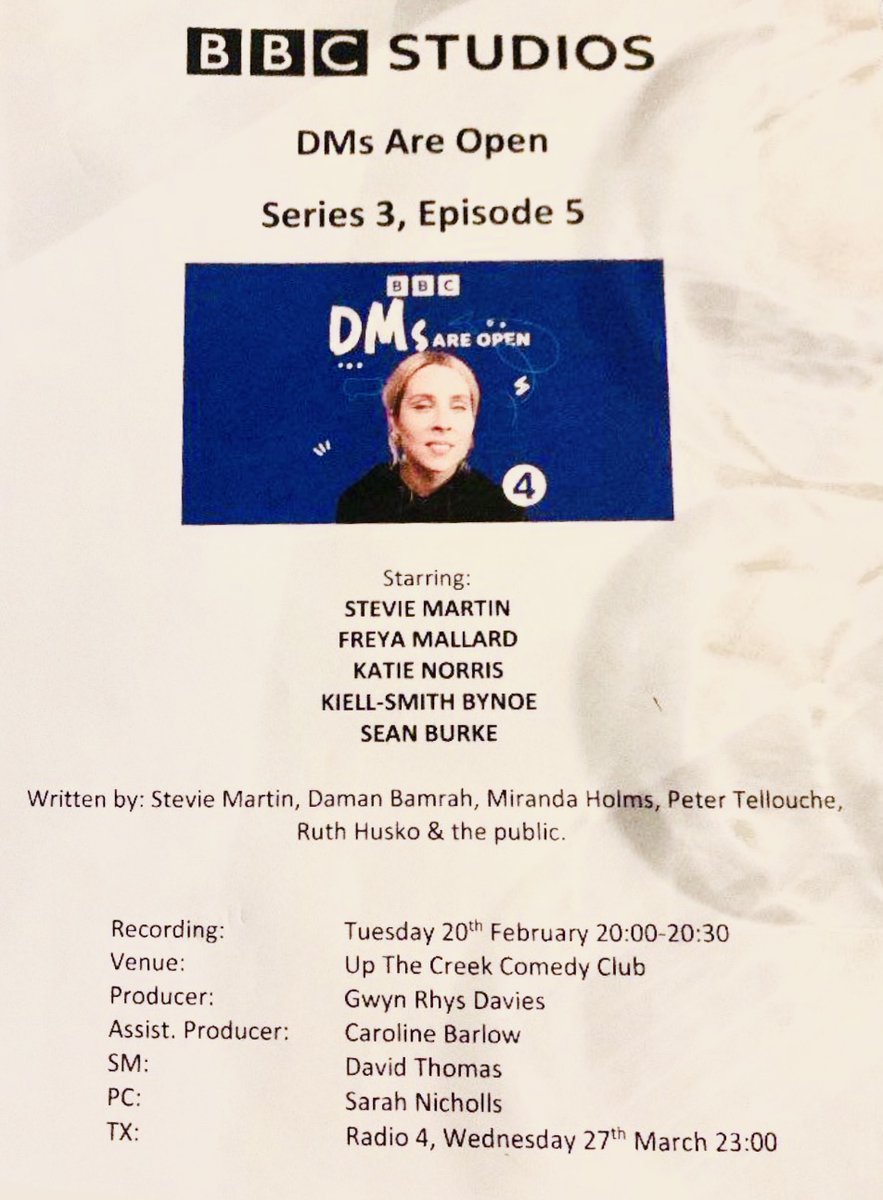 VERY cool to have written on 2 episodes of @DMsAreOpenBBC with such a cool team including (but not limited to) @MirandaHolms @dank_ackroyd @PeteTell @KateDehnert . Thanks for trusting me to be part of it! Now *MY* DMs are open to your compliments.