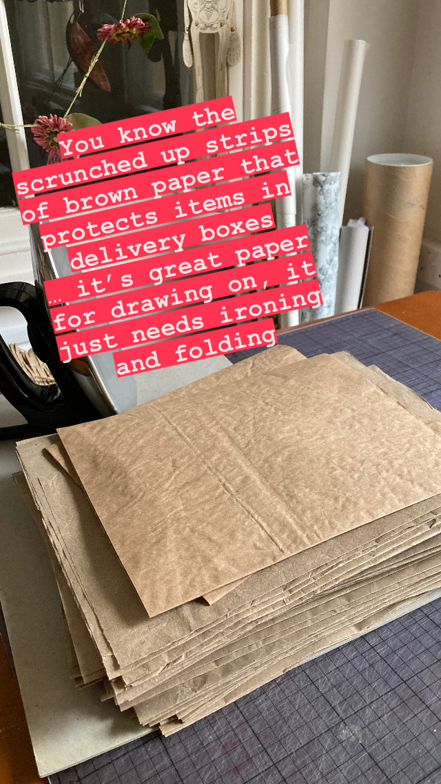 My tip for the day ...
#wastenotwantnot 
you know the scrunched up striups of brown paper that protects items in delivery boxes ... it's great paper for drawing on, it just needs ironing and folding