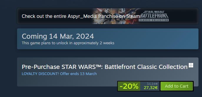 SWBFUpdates's tweet photo. If you own  Star Wars: Battlefront or Star Wars: Battlefront II on Steam or Xbox you'll be getting a 20% loyalty discount on the Battlefront: Classic Collection! https://t.co/qBEgr0IxBW