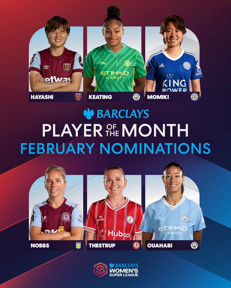 The nominees for Player of the Month are in! 🌟 @2026honoka 🌟 Khiara Keating 🌟 @nicole_m09 🌟 @JordanNobbs8 🌟 @amaliethestrup 🌟 @LeilaOuahabi Vote now: the-fa.com/m0eHBL