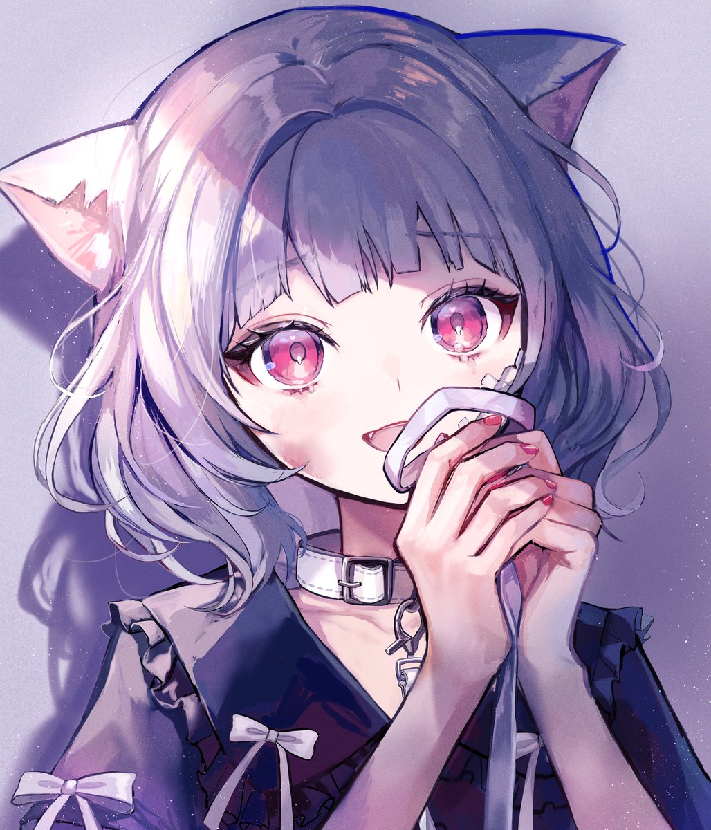 1girl animal ears cat ears collar solo fang smile  illustration images