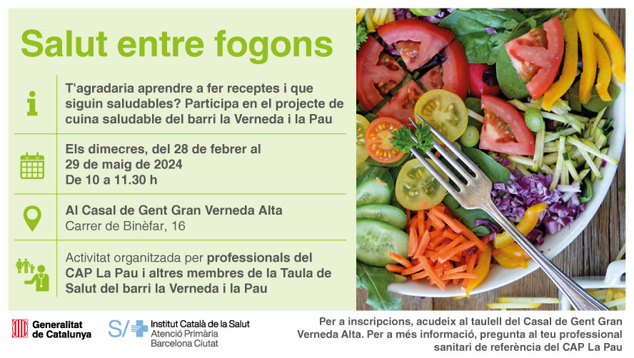 La salut entre fogons és una activitat per aprendre a fer receptes saludables

Un projecte de professionals del #CAPLaPau i de la Taula de Salut del barri #laVernedailaPau

🗓️Del 28 de febrer al 29 de maig de 2024
🕙 Dimecres, a les 10 h
📍 Al Casal de Gent Gran Verneda Alta