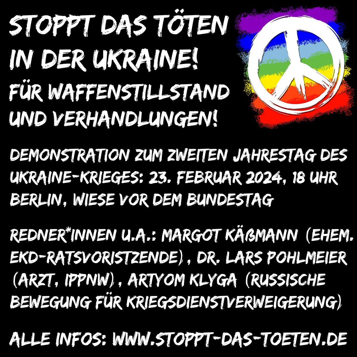 Schon morgen starten unsere Antikriegs-Aktionen zum zweiten Jahrestag des russischen Angriffs auf die Ukraine. Kommt zur Demonstration in Berlin mit u.a. Margot Käßmann und einem russischen Kriegsdienstverweigerer! 🕊️