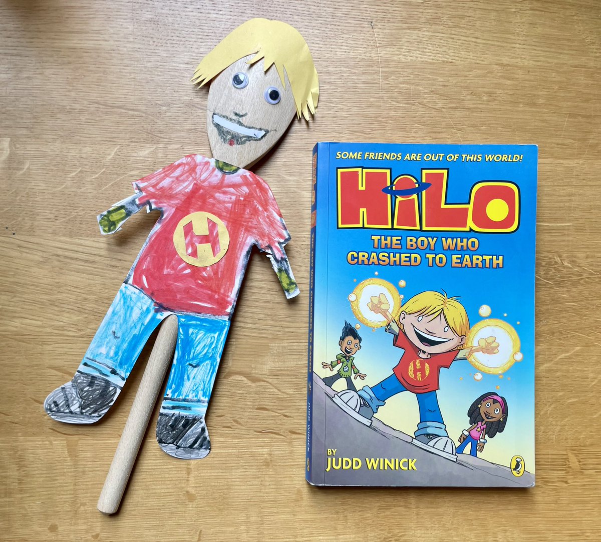 This year my son’s school has asked us to make wooden spoons into favourite characters for @WorldBookDayUK (!) and so we now have a Hilo spoon! (@JuddWinick)