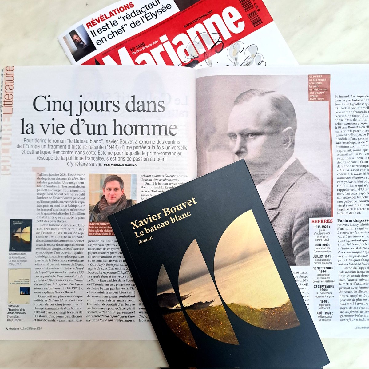 Le bateau blanc de Xavier Bouvet en majesté dans les pages de @MarianneleMag 💥 ! 'Le miracle de la littérature, qui pointe les recoins d'une histoire torturée.' Merci Thomas Rabino ! Le bateau blanc est en librairie et en course pour le Prix des libraires 2024 ! À vos votes !