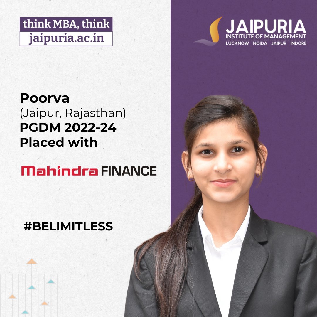 🎓 Campus Placements Triumph! Shoutout to our Jaipuria PGDM achiever, Poorva Kedawat, from Jaipur, Rajasthan, now a proud member of Mahindra Finance! 🌟 Ready to kickstart your career? Apply for PGDM 2024-26 at apply.jaipuria.ac.in. 📝 #JaipuriaPlacements #PGDM2024 #ApplyNow