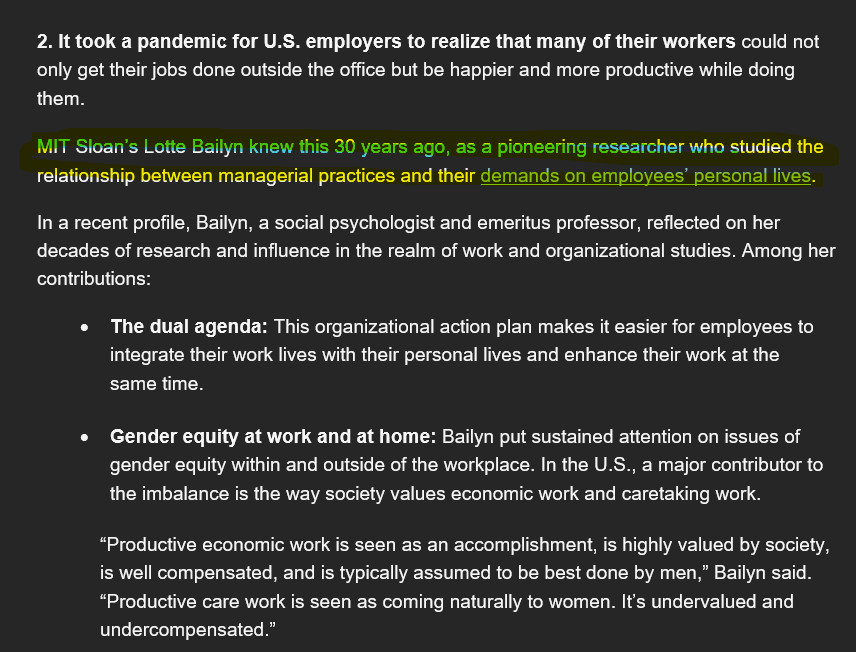 MANIKANTROY's tweet photo. 'MIT Sloan’s Lotte Bailyn knew this 30 years ago, as a pioneering researcher who studied the relationship between #managerialpractices and their #demands on #employees’ personal lives."
#Research
Credit: Think forward newsletter #MITSloan https://t.co/sagbvGUiF4