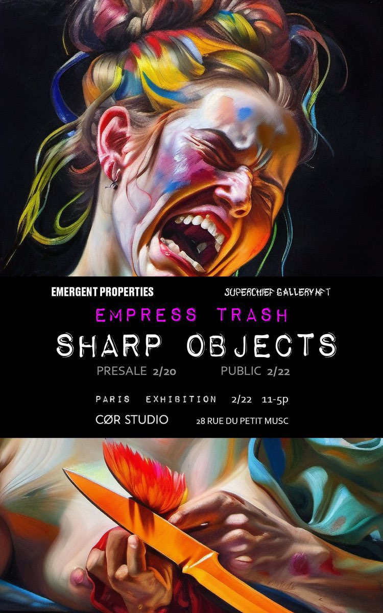 Today is the day!!!! 🤯🤯🤯 I can’t believe this is really happening.  

Sharp Objects on Emprops is live to the public 12p Paris time + I will be at Cør Studios from 11-5 p with frens on frens. 🖤