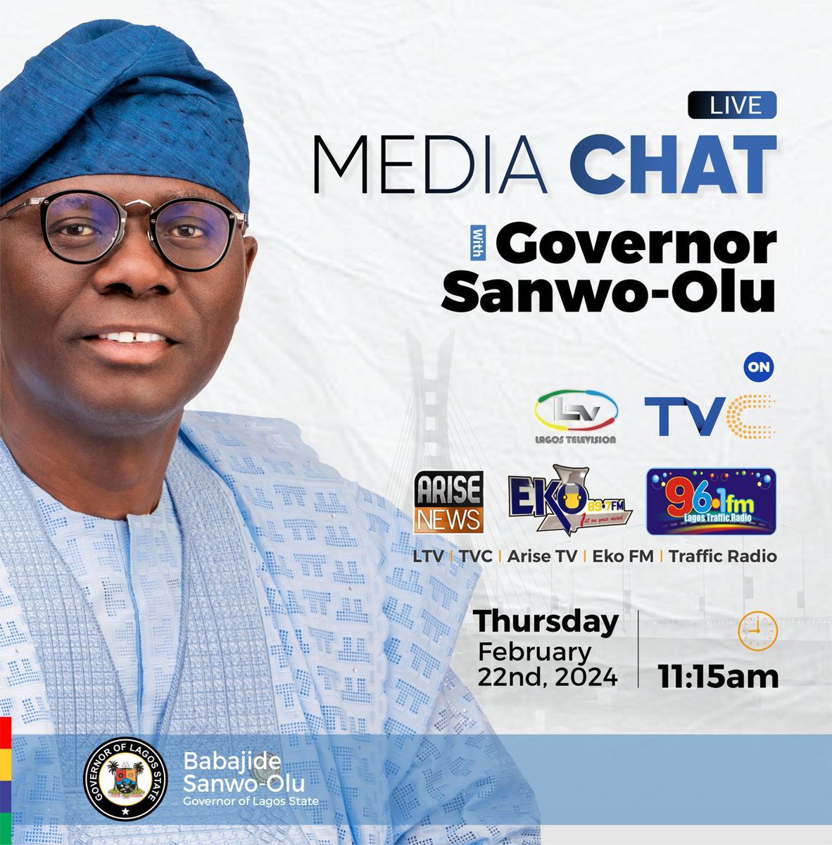 Live Media Chat with Governor Babajide Sanwoolu 
Please join us for an engaging discussion as we delve into the progress and future plans for Lagos State with the Governor of Lagos State 
Tune in for a glimpse into the vision for a 
#GreaterLagosRising
#SanwoOluSpeaks
#LagosCares