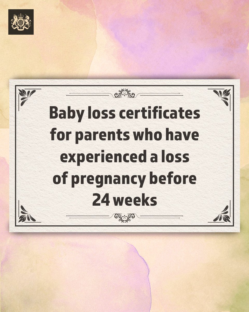 Losing a baby can be an unbelievably painful and traumatic experience. We're introducing a voluntary certificate for parents to recognise the loss of a baby before 24 weeks of pregnancy, as part of the #WomensHealthStrategy and #PregnancyLossReview. gov.uk/government/new…