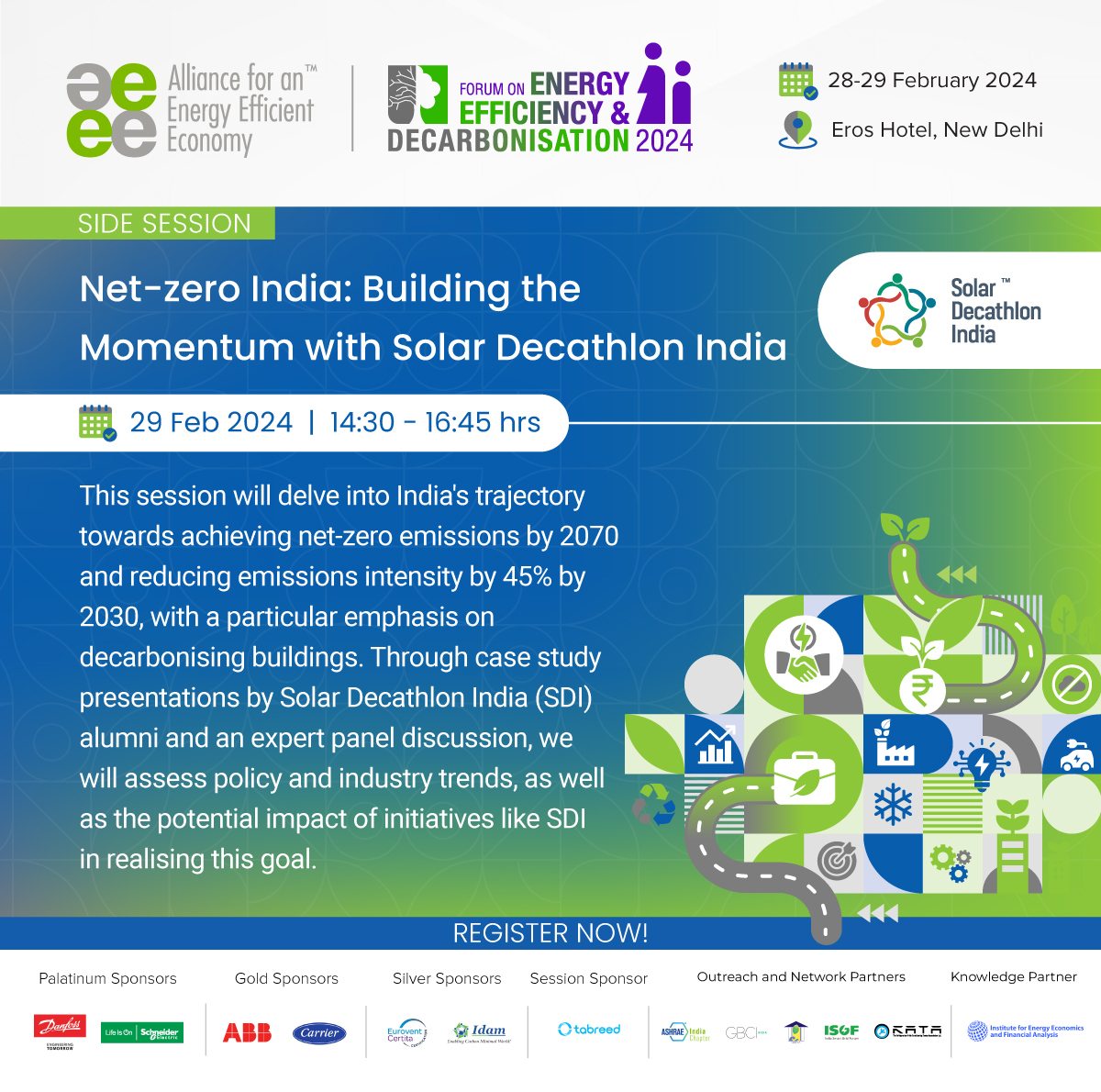 AEEE_India's tweet photo. #FEED2024 #SideSession
Net-zero India: Building the Momentum with Solar Decathlon India
This session aims to explore the current technical capabilities and momentum in decarbonising the building sector, examining policy and industry trends shaping decarbonisation by 2030, and highlighting progress in capacity building through Solar Decathlon India, emphasizing its pivotal role in bolstering decarbonization efforts.
🔗 Register now and secure your spot - https://t.co/bf8U69JGA8
#FEED2024 #EnergyEfficiency #Decarbonisation #SustainableFuture #CleanTechnologies #GreenJobs #Collaboration