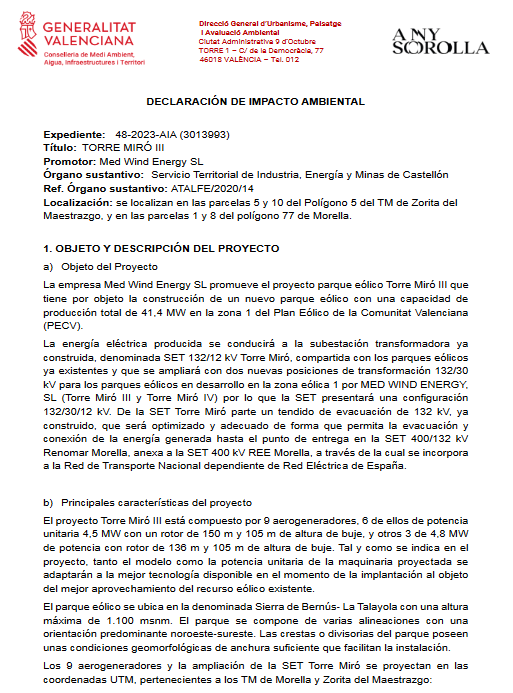 NoMatCCastello's tweet photo. ‼️Atenció

▶️Per si no tinguerem prou aerogeneradors a la comarca dels #Ports (293 concretament), @GVAMediAmbient autoritza a la multinacional @ACCIONA (propietaria Med Wind) la construcció de 9 més a la Serra de Bernús (Morella-Sorita)

Ho fem visible?🧵👇 https://t.co/m8kMeveW1u