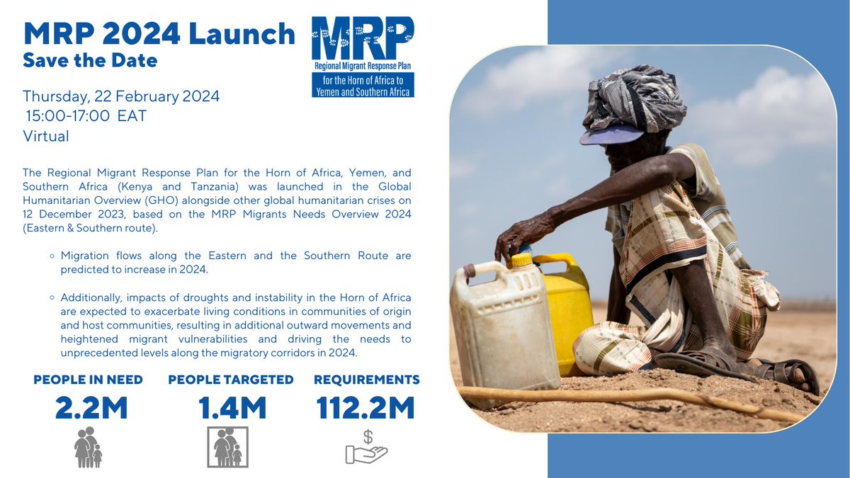 ‼️Happening today‼️ 

The launch of the Regional Migrant Response Plan (MRP) for the Horn of Africa to Yemen and Southern Africa (2024).
 🔗Register and follow the launch via Zoom ➡️: shorturl.at/ilpN1

#MRP2024 @Sida