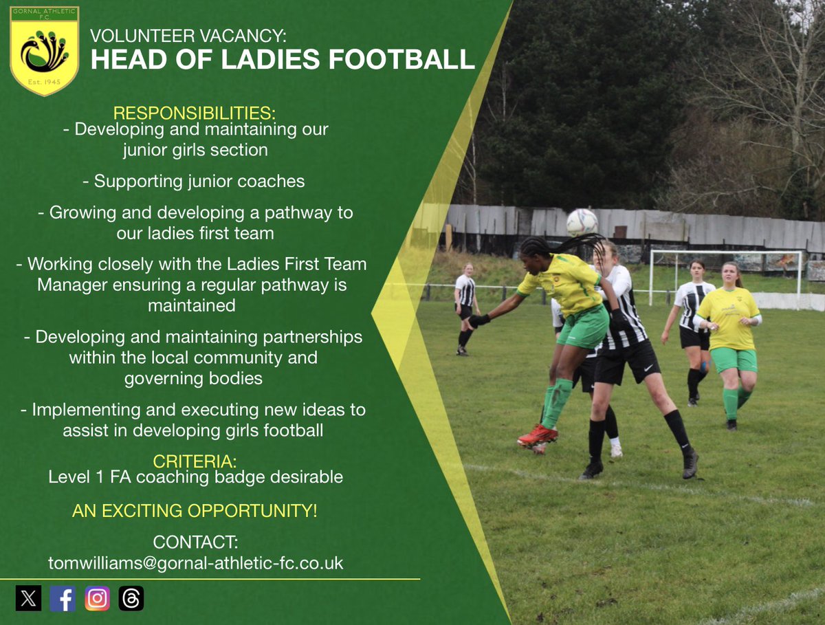 We have a fantastic opportunity for someone passionate about the ladies game.

Oversee the ladies first team, nurture the next generation and be a key part of this football club as our Head of Ladies Football.

All the info and contact details below #WeNotMe🦚