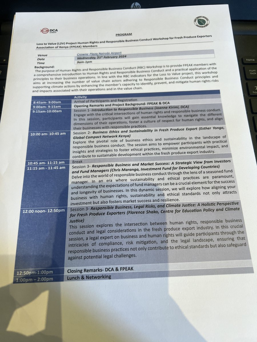 Yesterday I spoke to members of @FPEAK_ on the topic of “Responsible Business Conduct (RBC), Legal Risks&Climate Justice: A Holistic Perspective for Fresh Produce Exporters”. The event was organized by @DCA_Kenya who have been doing a great job in encouraging RBC #BizHumanRights