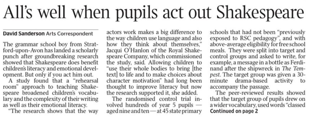 From today's Times. Drama in schools - not just reading Shakespeare - improves pupils' literacy and emotional development. That must be why this Government has fought to protect the arts in schools - oh wait