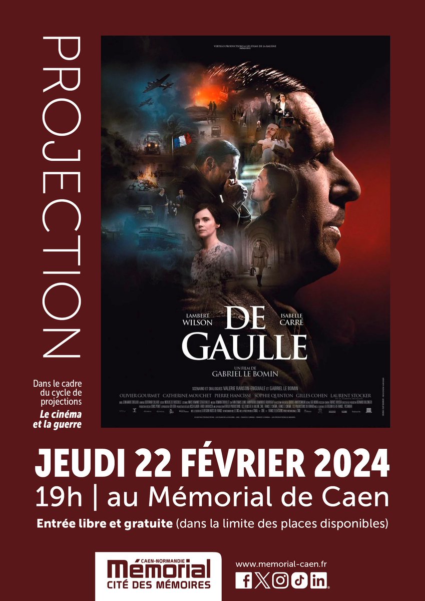 Le cycle de projections 'Le cinéma et la guerre' s'ouvre jeudi au @CaenMemorial dans le cadre du #DDay80. Le film 'De Gaulle', sorti en 2020 avec Lambert Wilson dans le rôle-titre et Isabelle Carré dans celui d’Yvonne de Gaulle, est proposé gratuitement à 19h.