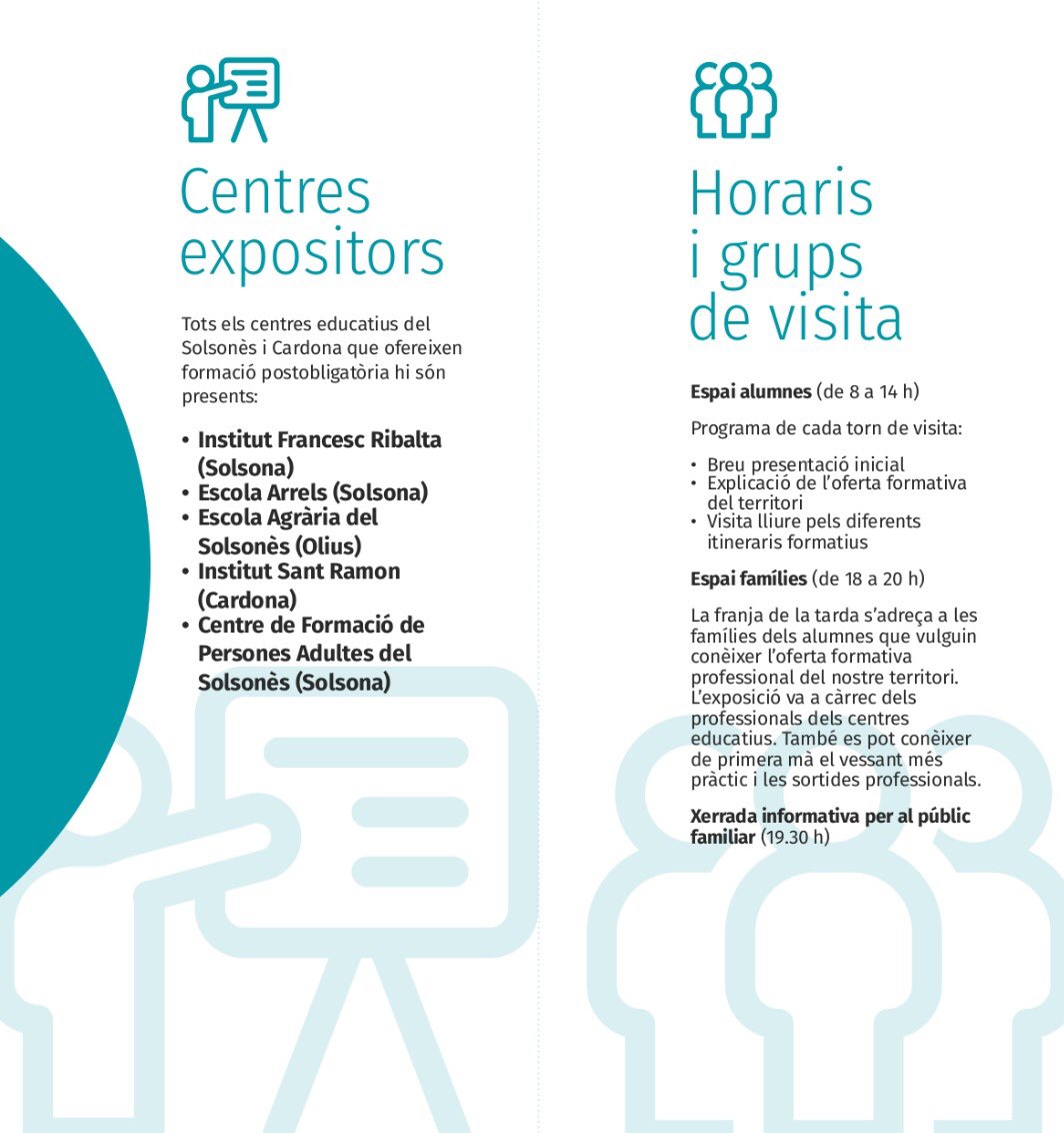 📣 Dimecres que ve, dia 28/02, serem a la trobada 🔵 ‘Informa’t al territori #SolCar’, una iniciativa que vol donar a conèixer l’oferta formativa del #Solsonès i #Cardona per al curs 2024-25.

➡️ Espai alumnes 
➡️ Espai famílies 

📍 Sala Polivalent de #Solsona 

#XarxaEASolsonès