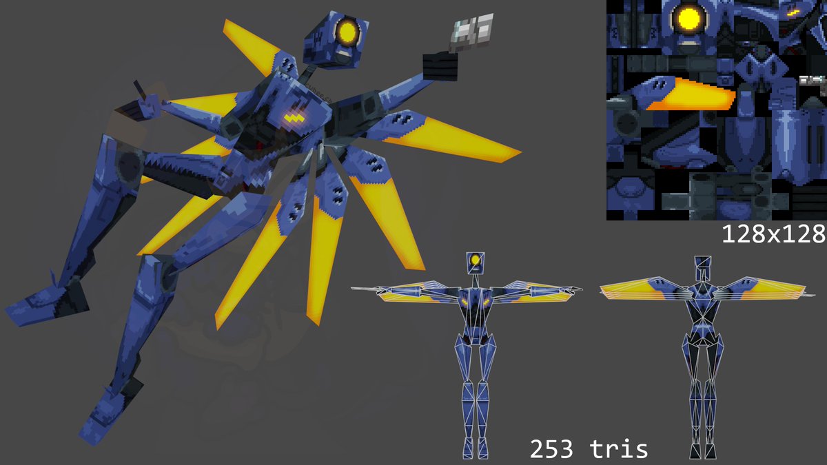 cubee_cb's tweet photo. Been getting into #256fes recently, so I made V1 from #ULTRAKILL
- 253 triangles
- 128x128 pixel texture (+ an emission mask)
The model includes the Revolver, which can be toggled with a shape key.

I call it V0.1, cause it uses ~10% of the 2700 triangles the original uses. https://t.co/wuNCkUC91o