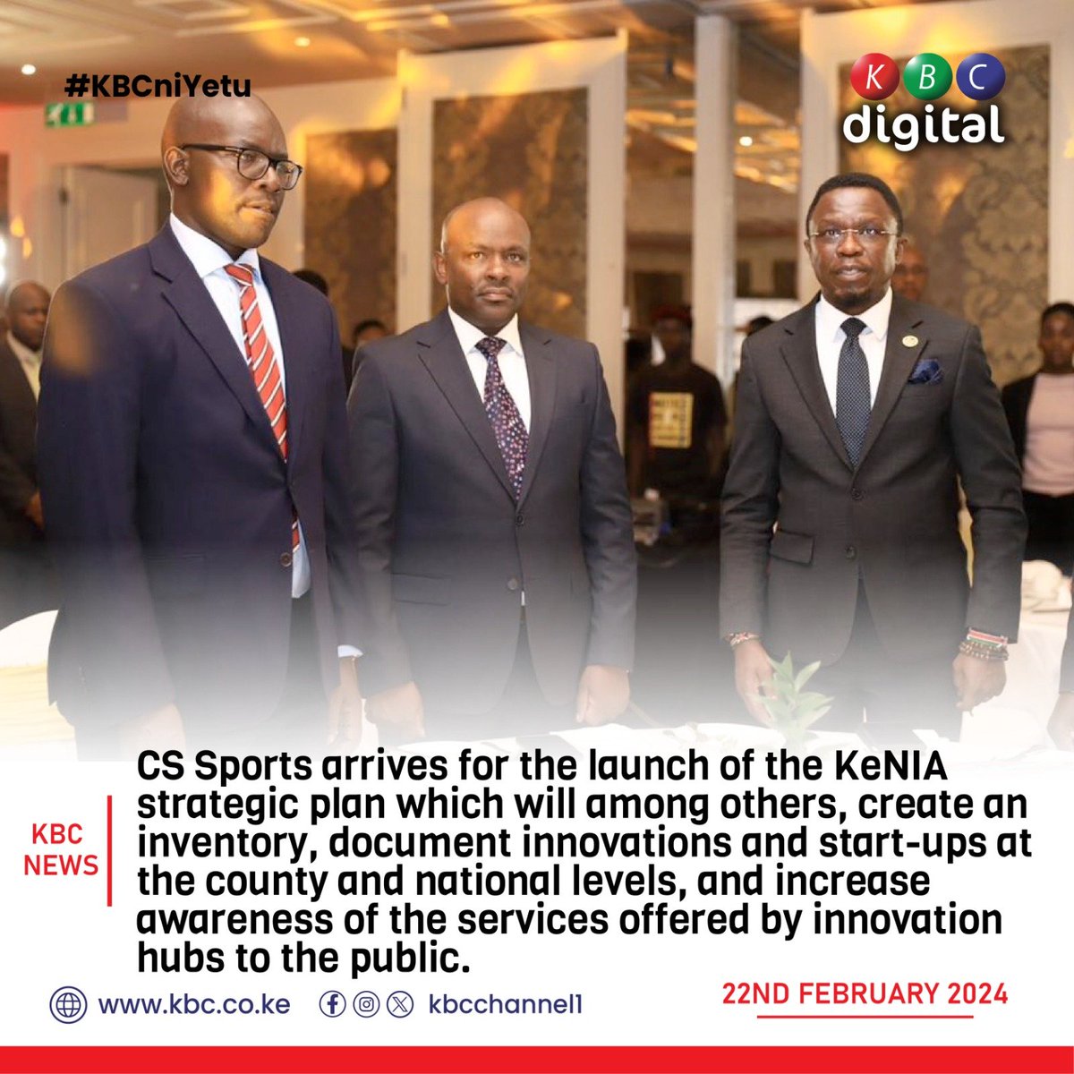 CS Sports arrives for the launch of the KeNIA strategic plan which will among others, create an inventory, document innovations and start-ups at the county and national levels, and increase awareness of the services offered by innovation hubs to the public. #KBCniYetu ^RO