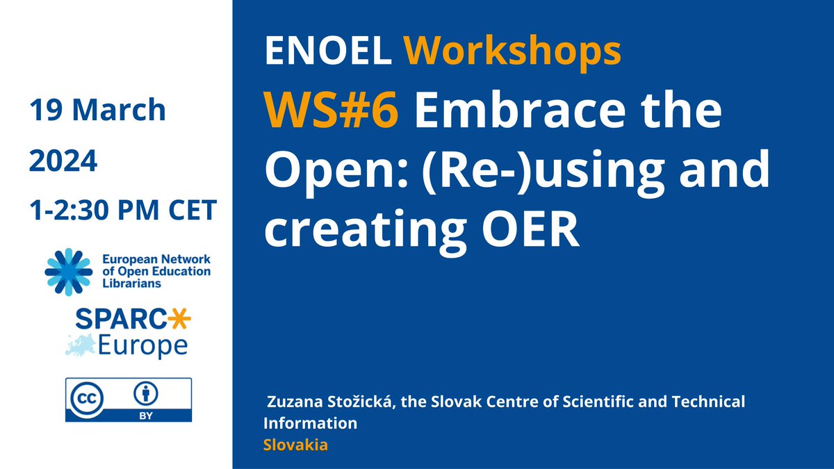 Who's stopping #ENOEL librarians from sharing their knowledge? Nobody! Join our facilitator Zuzana Stožická and learn more about '(Re-)using and creating OER', the topic of the sixth workshop in the 'Embrace the Open' series! Register here: tinyurl.com/ENOELWorkshop6  @SPARC_EU