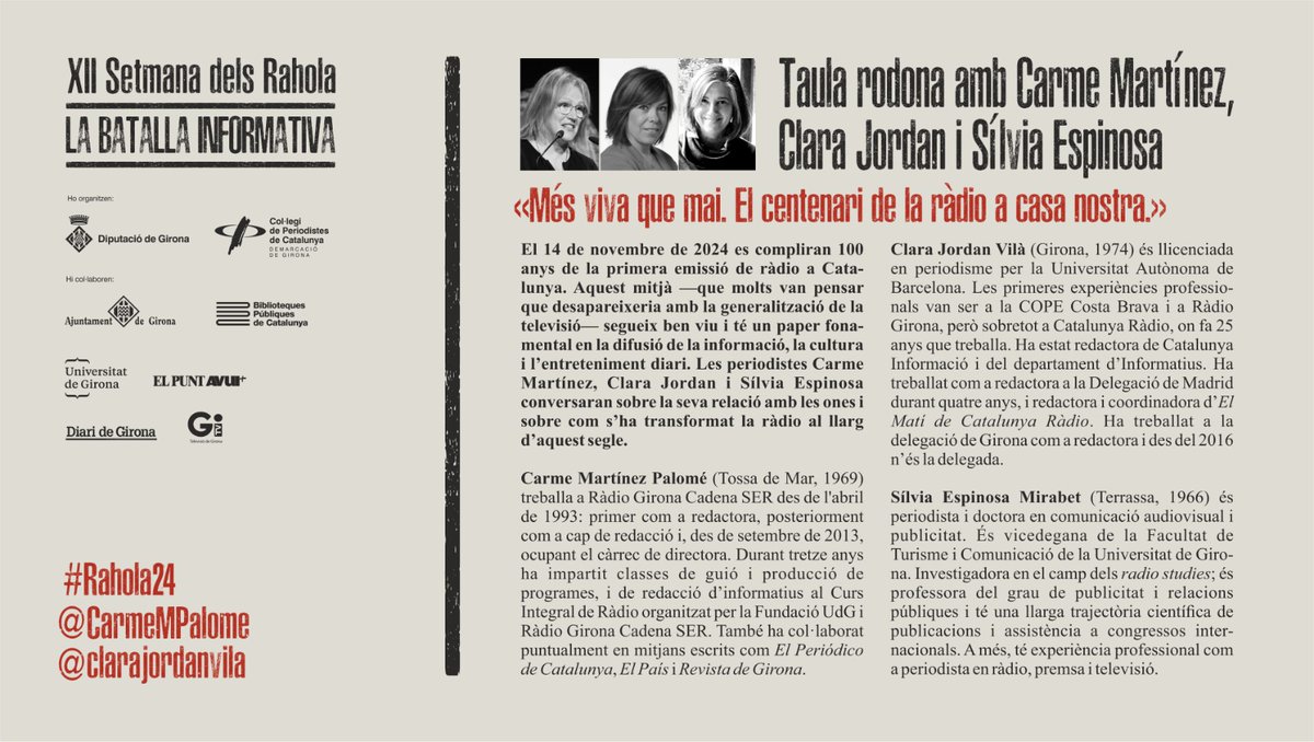 jordigraur's tweet photo. Aquesta tarda a les sis a la @bprahola la ràdio de casa nostra és la gran protagonista, amb un record a la Francina Boris  i a moltes veus de les nostres comarques. Amb Sílvia Espinosa, @clarajordanvila i @CarmeMPalome Esteu tots convidats. https://t.co/wyvviTn7rk