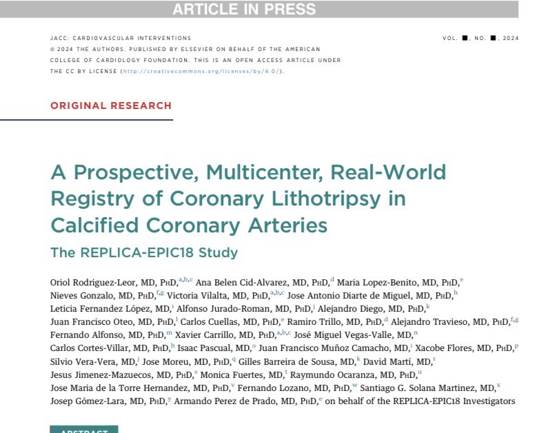 oriolrodriguez5's tweet photo. IVL real-life registry
☑️Complex lesions and patients
☑️>60% ACS patients
☑️Excellent 30-d outcomes
☑️Open-access 😊
Initial results from the Replica-EPIC18 Trial.
Just published online in @JACCJournals 
https://t.co/VfkvJ4DnsF https://t.co/oicGb8V2ey