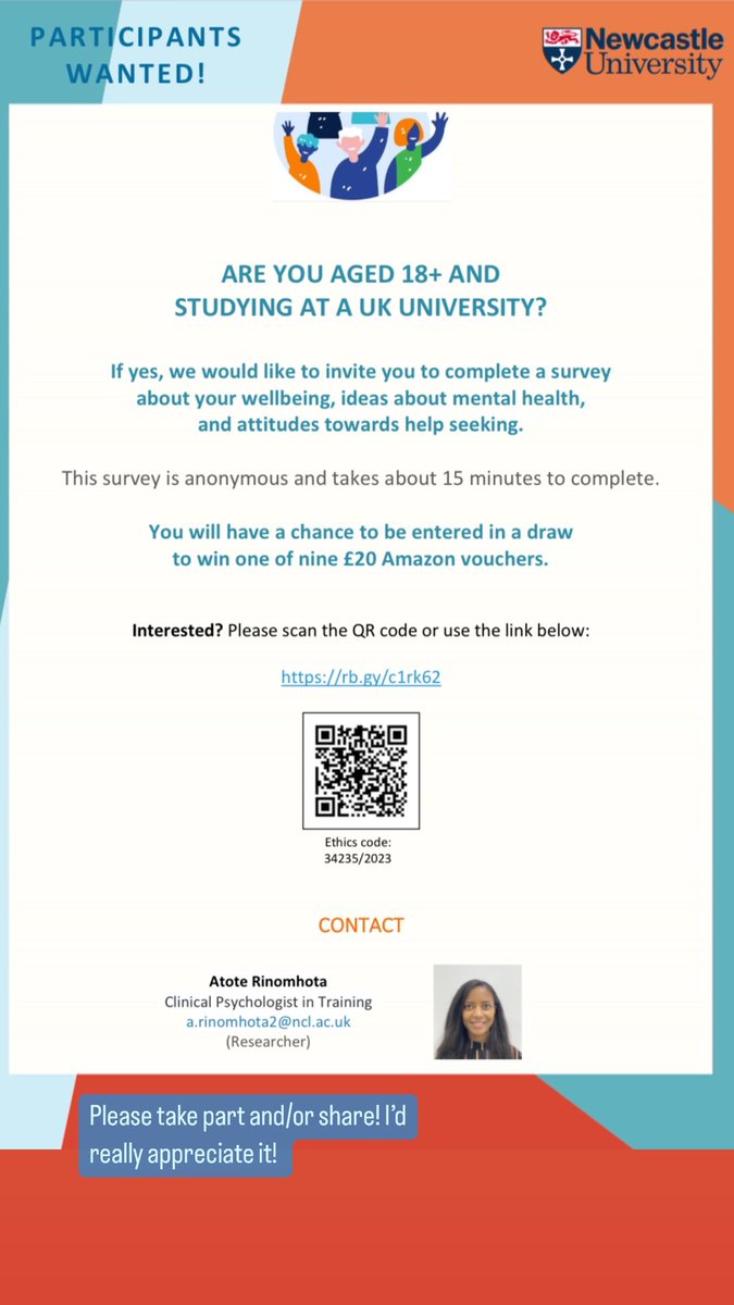 Please take part in our 15min survey for a chance to win one of nine £20 Amazon vouchers, and help us better understand how we can support university students. Survey link below: nclpsych.eu.qualtrics.com/jfe/form/SV_9m…