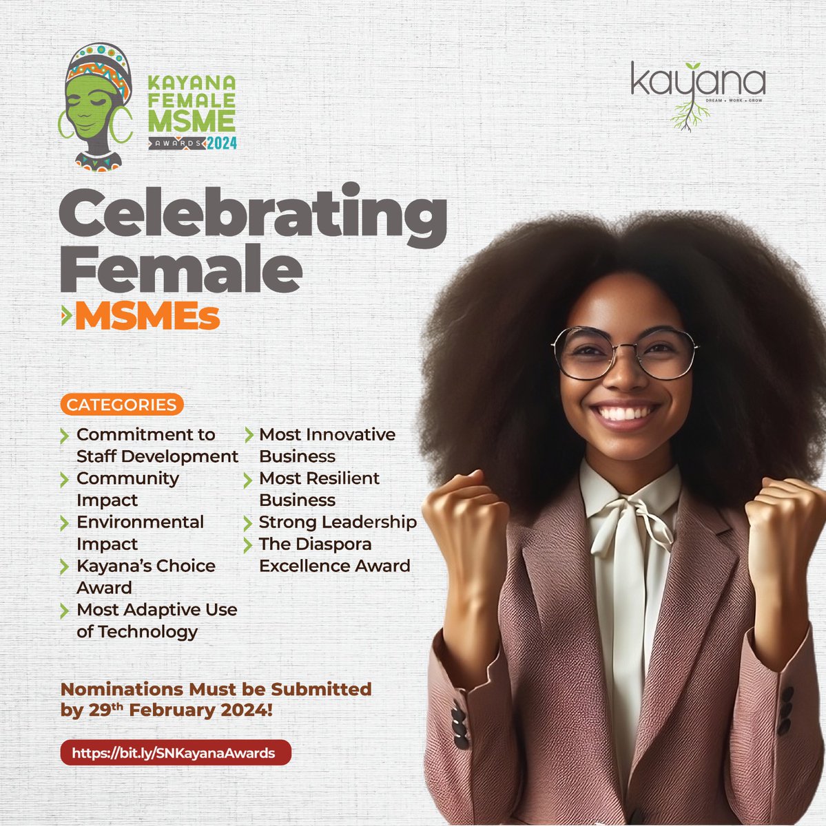 kayana_kenya's tweet photo. Have you nominated an outstanding female entrepreneur yet?

Only 7 days left to submit nominations for the 2024 Kayana Female MSME Awards! ⏰ 

https://t.co/zpiwMo2Pp8

#KayanaAwards #WomeninBusiness #SmallBusiness #DreamWorkGrow https://t.co/W1iQV4QUUi