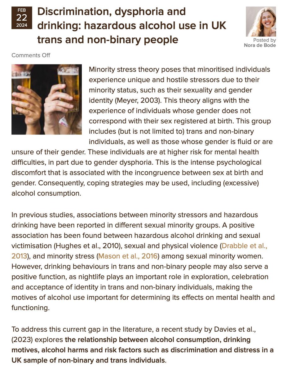 The Mental Elf (@mental_elf) on Twitter photo Today Nora de Bode from <a href="/NofA_Lab/">Neuroscience of Addiction Lab</a> summarises a cross-sectional study by <a href="/I_am_emma/">Dr Emma L Davies</a>, @Ivan_EzqRom, @DJConnolly94 et al, looking at alcohol use in trans & non-binary people living in the UK nationalelfservice.net/?p=188040
#Alcohol #ProblemDrinking #AlcoholHarms #LGBTQI #Trans #NonBinary Today Nora de Bode from <a href="/NofA_Lab/">Neuroscience of Addiction Lab</a> summarises a cross-sectional study by <a href="/I_am_emma/">Dr Emma L Davies</a>, @Ivan_EzqRom, @DJConnolly94 et al, looking at alcohol use in trans & non-binary people living in the UK nationalelfservice.net/?p=188040
#Alcohol #ProblemDrinking #AlcoholHarms #LGBTQI #Trans #NonBinary