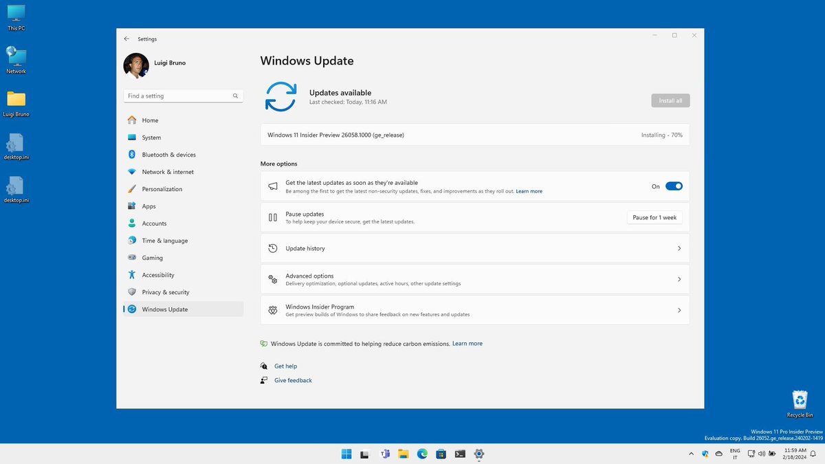 LuigiLCBBruno's tweet photo. New Windows 11 Insider build 26058.1000 download and installation... @Windows @windowsinsider 
#Windows #Windows11 #WindowsInsider #WindowsInsiderMVP #WIMVP https://t.co/m70M9WeUkc