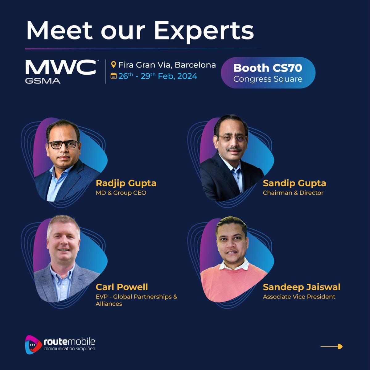 routemobile's tweet photo. Connect with our leadership team at #MWC24, as they meet and network with industry partners, mobile operators, and tech providers worldwide.
π
26th - 29th Feb 2024
πͺ Booth CS70, Congress Square
π Fira Gran Via, Barcelona
#RouteMobileAtMWC #MWC2024 #RouteMobile @MWCHub https://t.co/yMlPNXXPoE