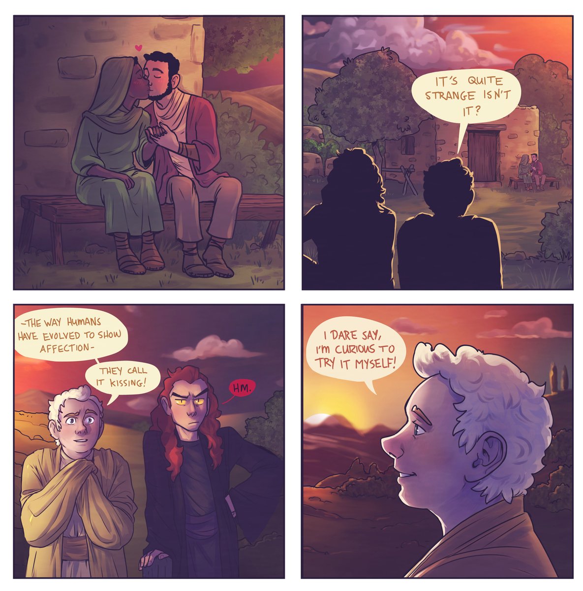 EnaBuns's tweet photo. Nothing like a 4 page mini comic (WITH BACKGROUND someone call Disney) about their first kiss, to really snap me out of my art funk ⭐️🌙 
#GoodOmens #GoodOmensFanArt #aziracrow #ineffablehusbands https://t.co/YsYgj8tccc