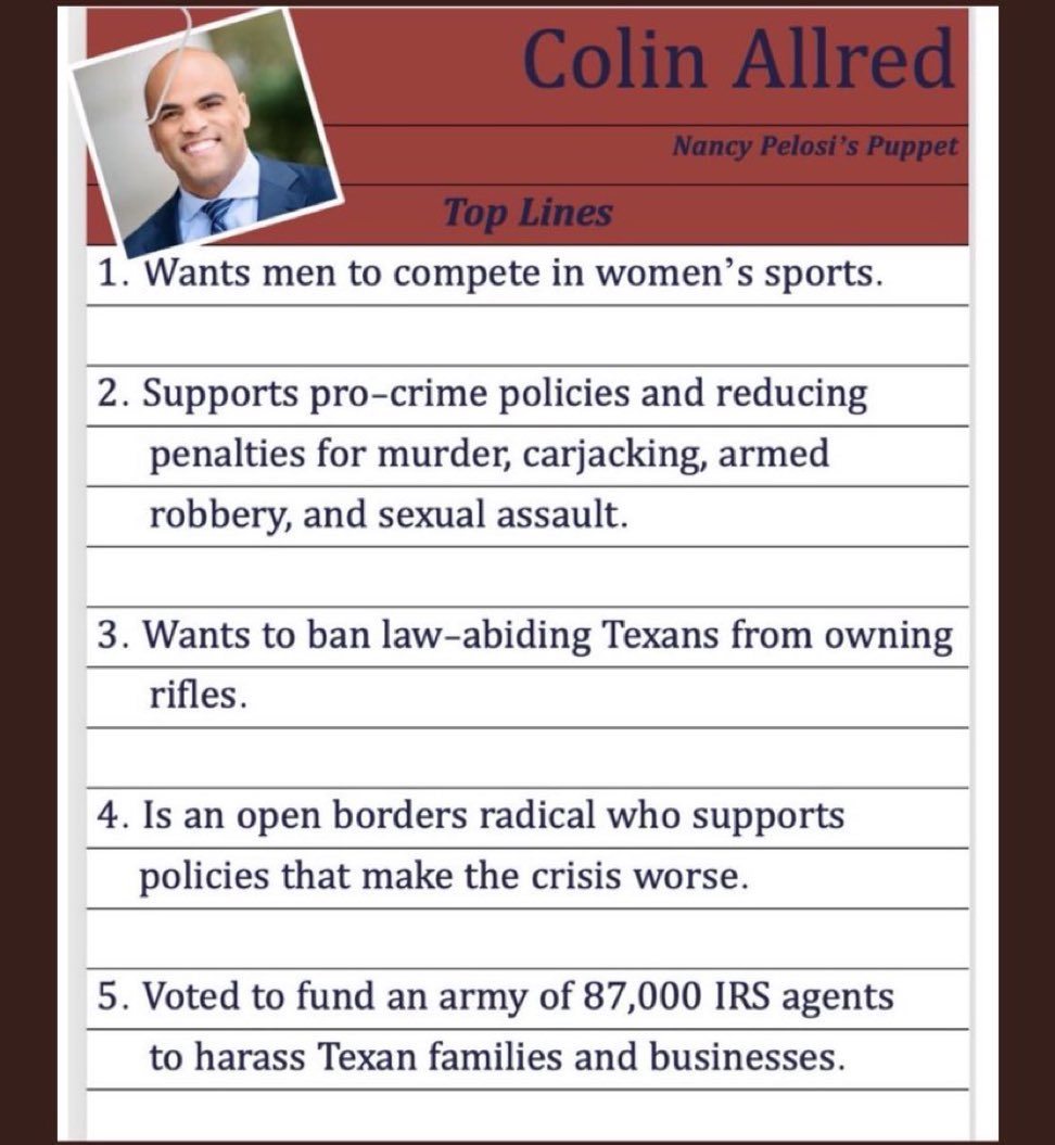 @ColinAllredTX Anyone with your beliefs needs to be shakin in their shoes. Thats why #TeamCruz will keep Texas “All-Red”.